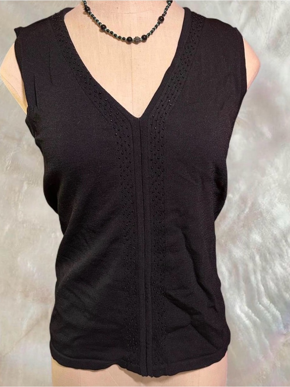 90s Whimsigoth Beaded Black V-Neck Sleeveless Knit Tank Top